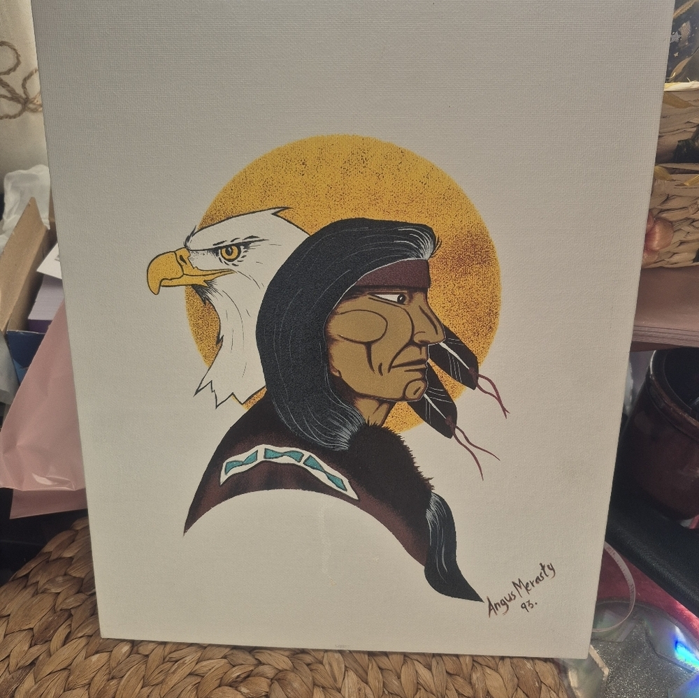 Original Indigenous Artwork Angus Merasty Signed 1995 Eagle Native Portrait Art - Picture 5 of 5